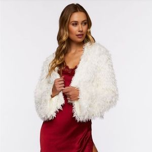 FOREVER21 Faux Fur Open-Front Cropped Jacket (Ivory) (Size Small)